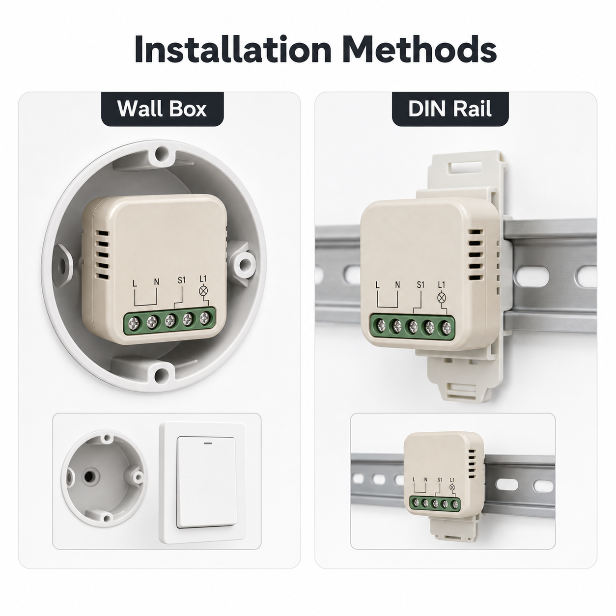Wall box and DIN rail installation methods for mini smart switch module