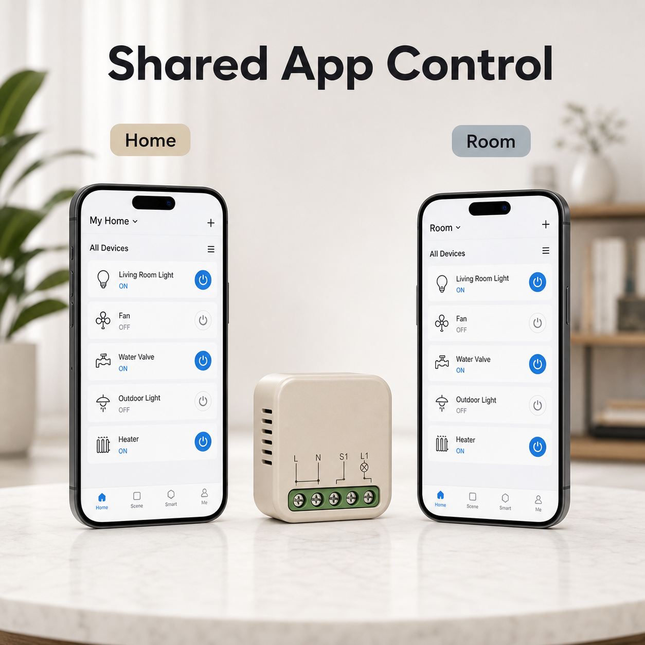 Shared app control concept for mini smart switch module