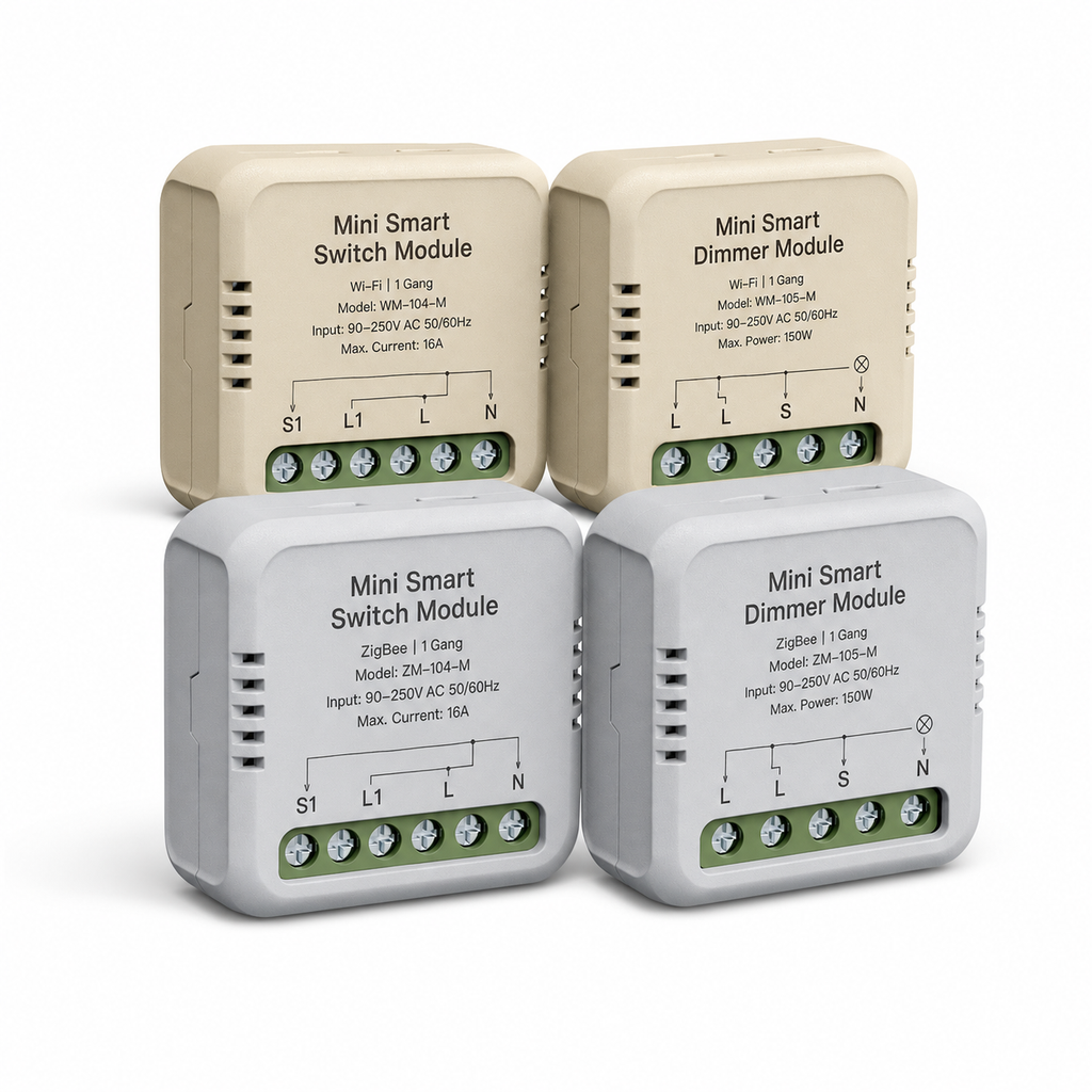 Studio packshot of Wi-Fi and ZigBee mini smart switch and dimmer modules