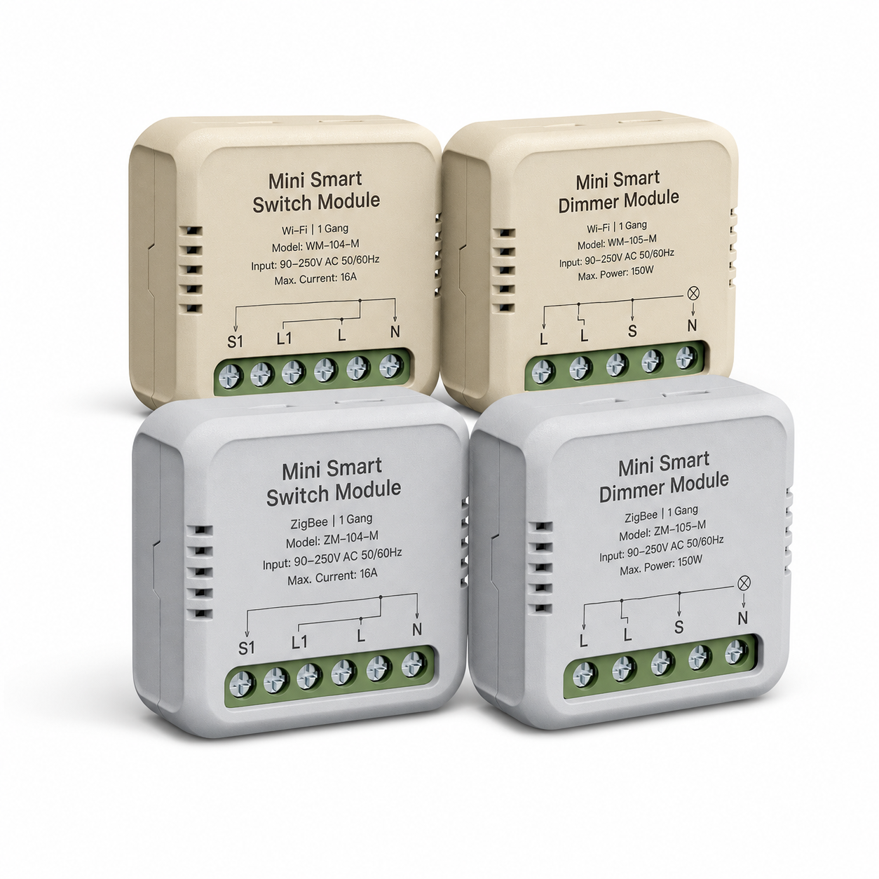Studio packshot of Wi-Fi and ZigBee mini smart switch and dimmer modules