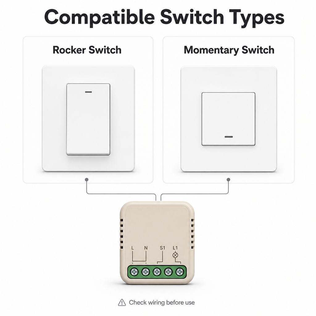 Compatible rocker and momentary switch types for mini smart switch module