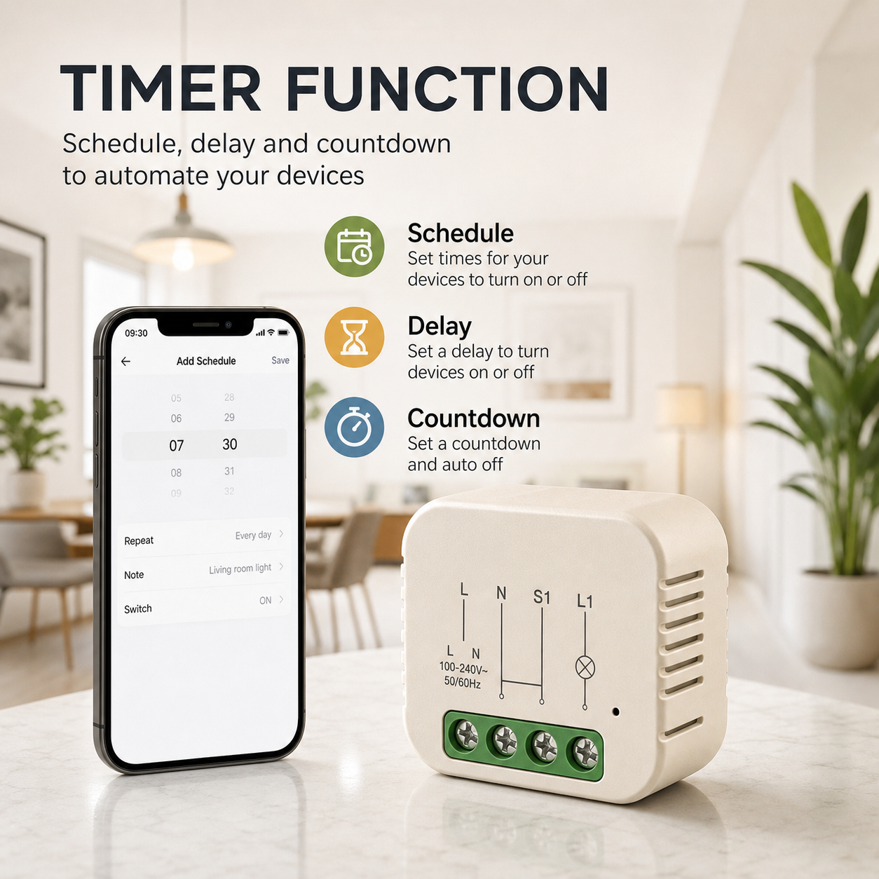 Timer function feature for mini smart switch module