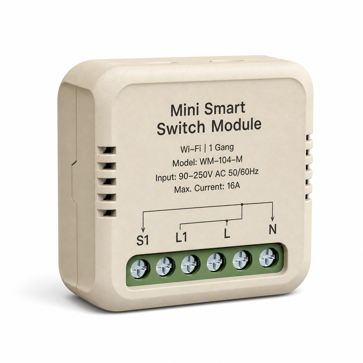Wi-Fi 1-gang switch module with 16A rating and screw terminals on white background