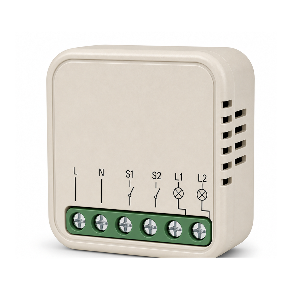 Module interrupteur connecté Wi-Fi 2 circuits NéoSwitch Ring Mini Comfort sur fond blanc