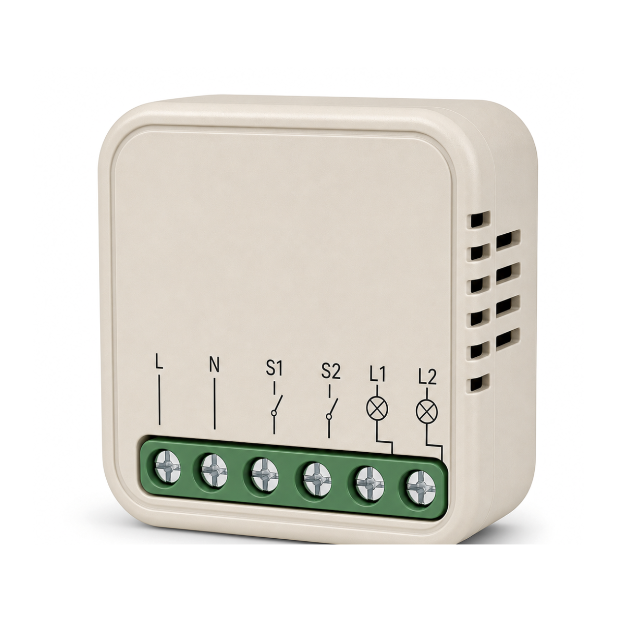 Module interrupteur connecté Wi-Fi 2 circuits NéoSwitch Ring Mini Comfort sur fond blanc