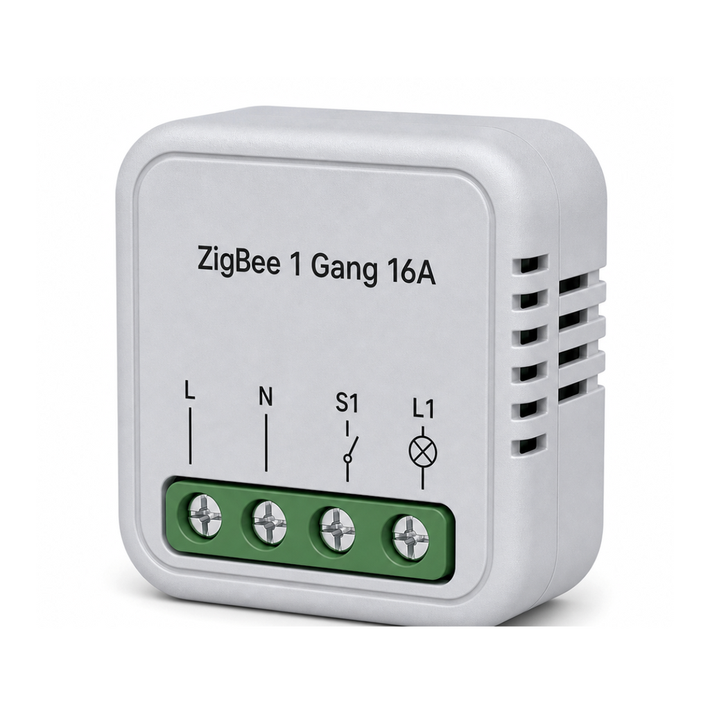 Module interrupteur connecté ZigBee 1 circuit 16A NéoSwitch Ring Mini Comfort sur fond blanc