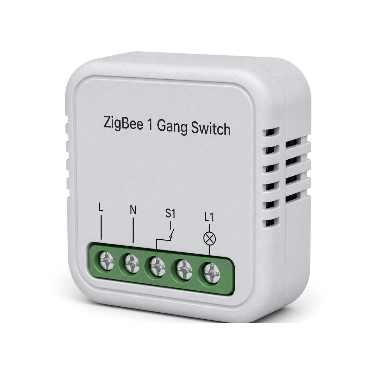 Module interrupteur connecté ZigBee 1 circuit NéoSwitch Ring Mini Comfort sur fond blanc
