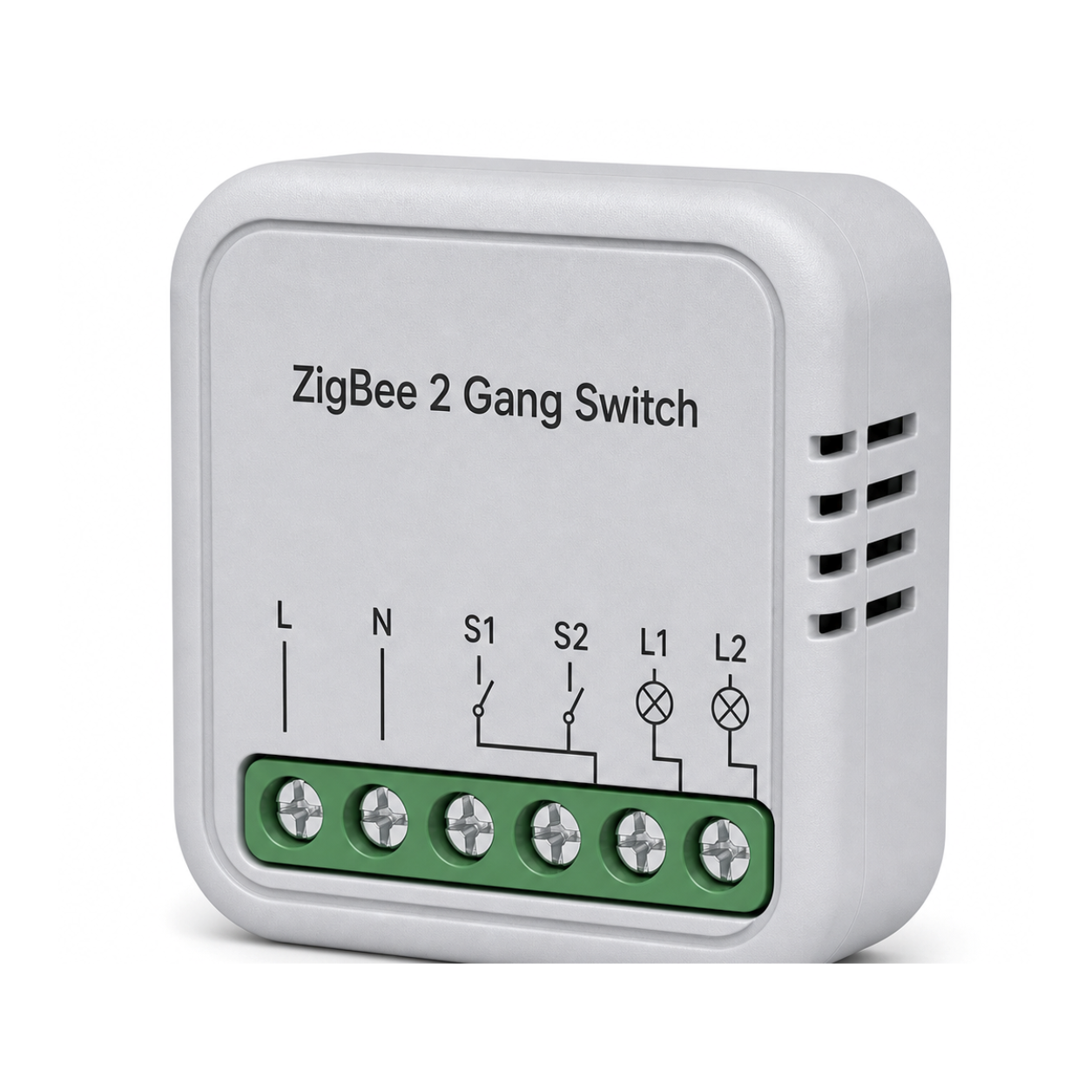 Module interrupteur connecté ZigBee 2 circuits NéoSwitch Ring Mini Comfort sur fond blanc