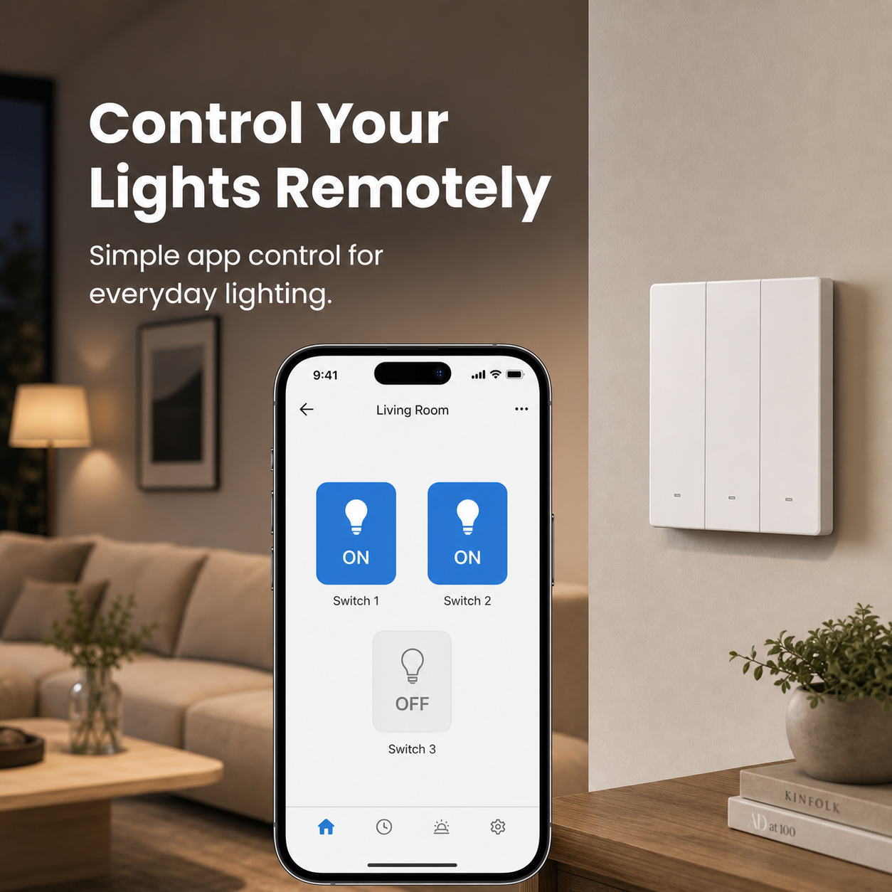 NéoSwitch ZBM5 Pro Zigbee wall switch with generic app control interface in a modern living room