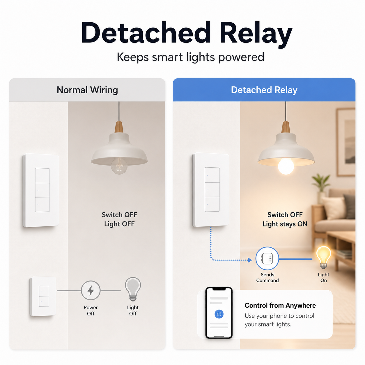 Detached relay mode diagram for ZBM5 Pro smart wall switch keeping smart lights powered