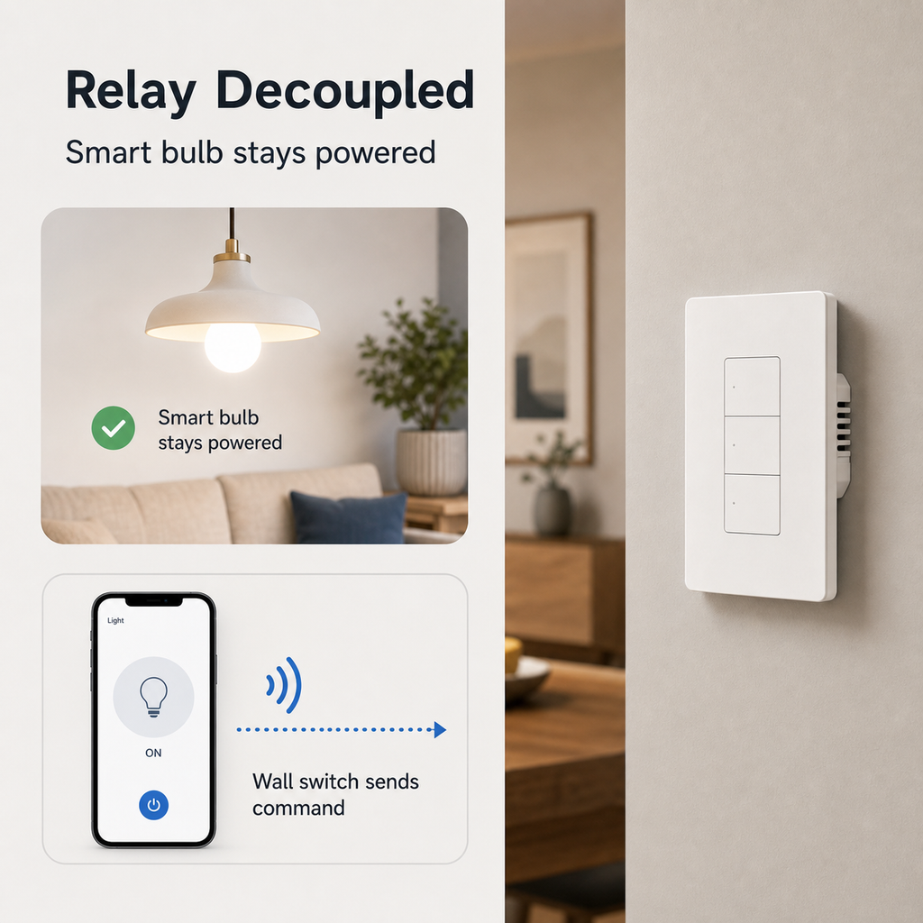 Relay decoupled smart lights control visual for ZBM5 Pro wall switch
