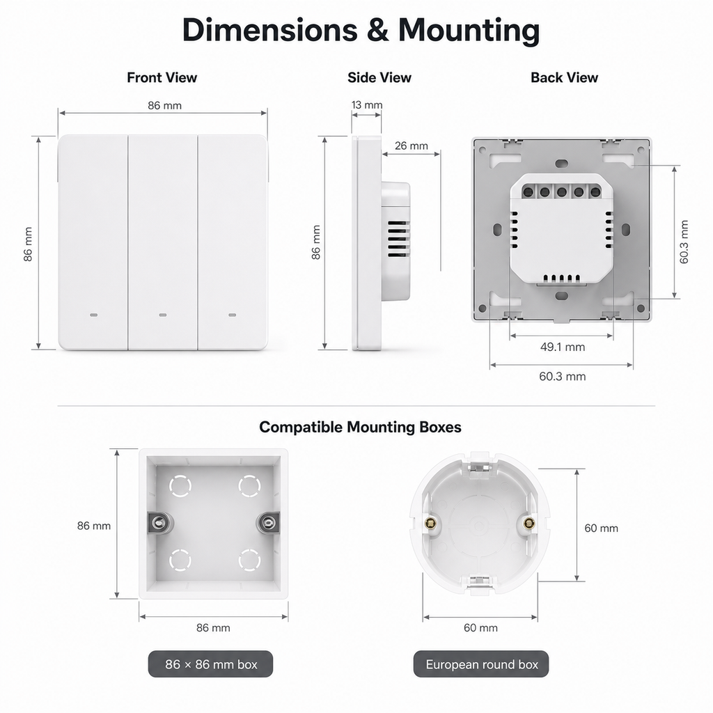 Dimensions and mounting box overview for NéoSwitch ZBM5 Pro Zigbee wall switch