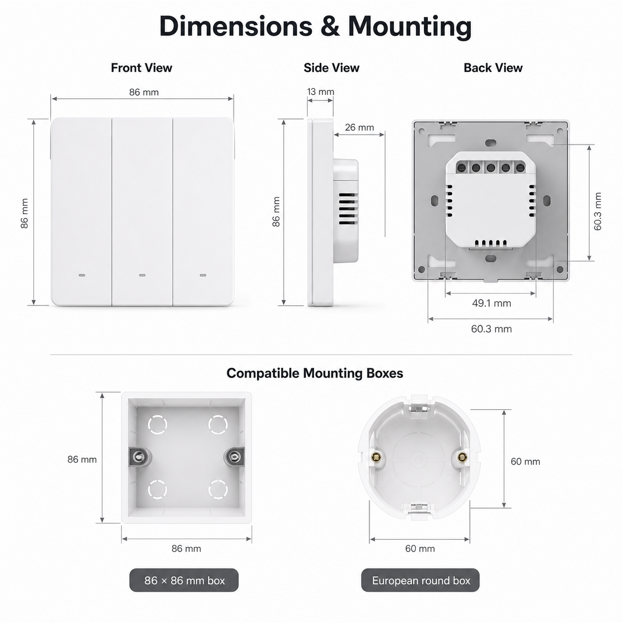 Dimensions and mounting box overview for NéoSwitch ZBM5 Pro Zigbee wall switch