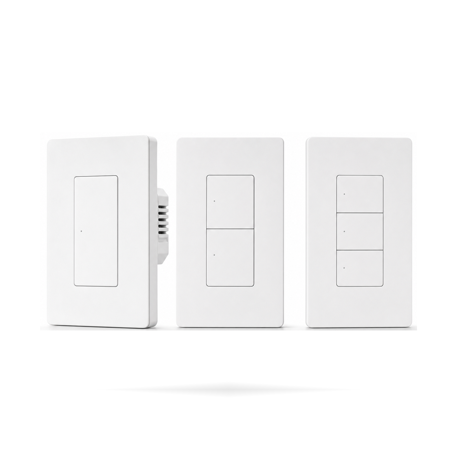 Interrupteurs muraux Zigbee NéoSwitch ZBM5 Pro blancs en versions un, deux et trois canaux sur fond studio blanc.
