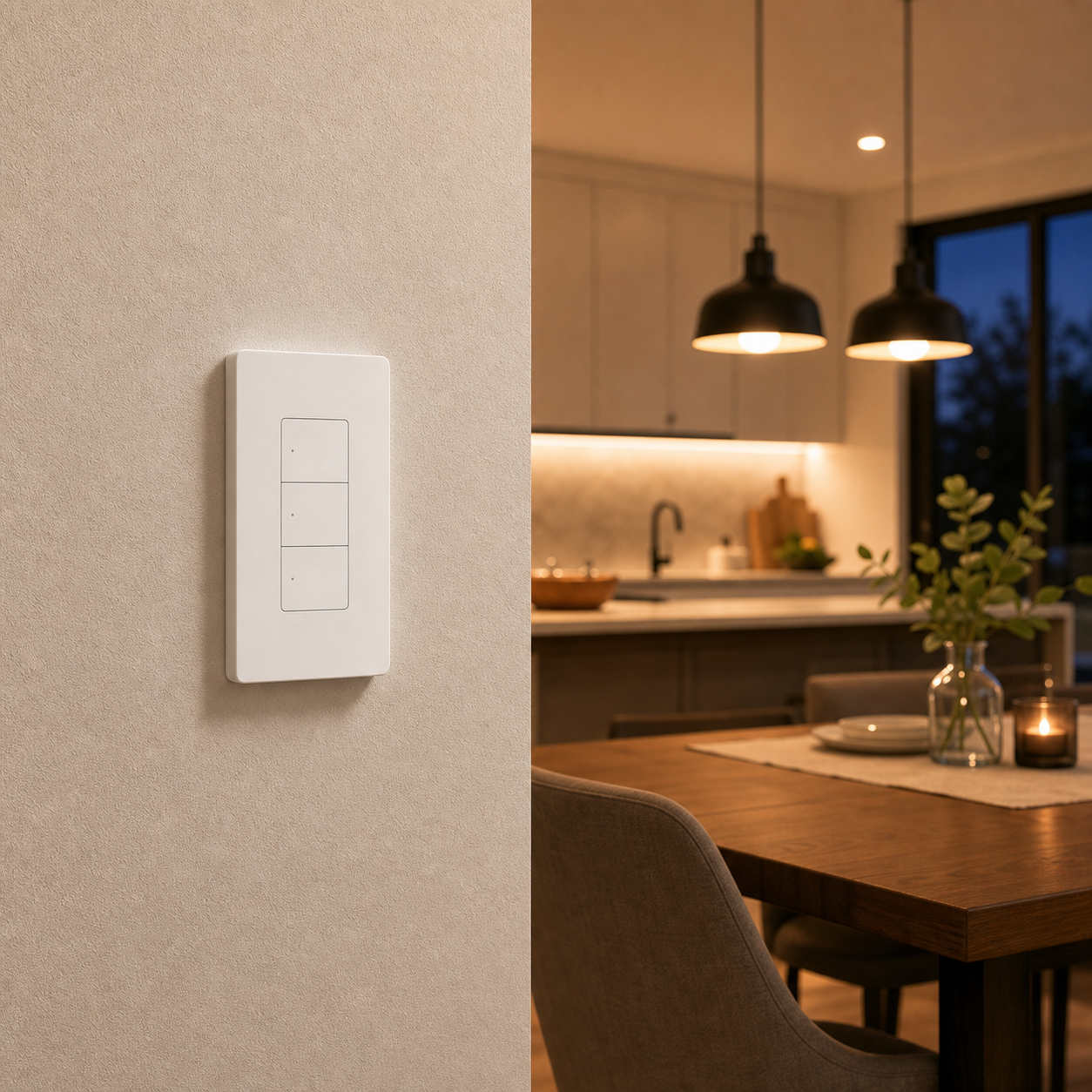 White ZBM5 Pro smart wall switch installed in a modern kitchen dining space