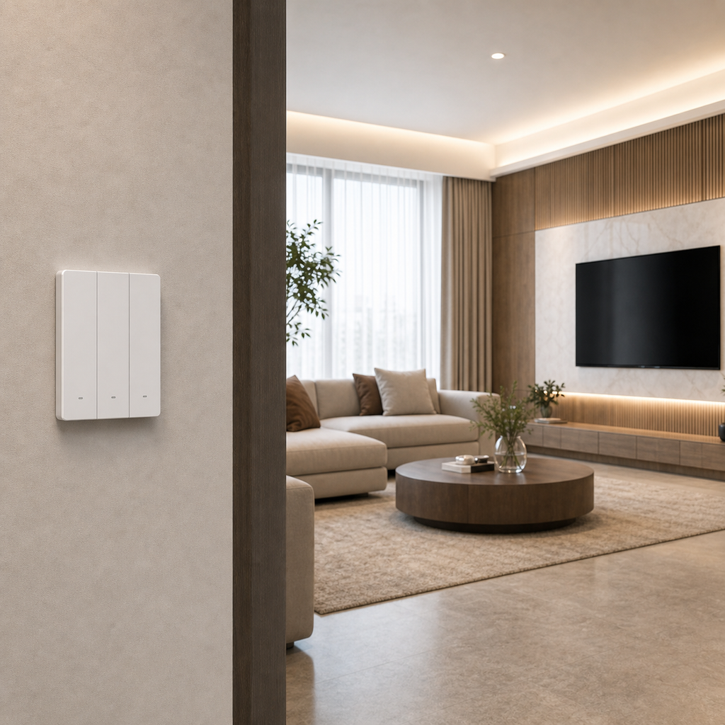 NéoSwitch ZBM5 Pro white Zigbee wall switch installed in a modern living room