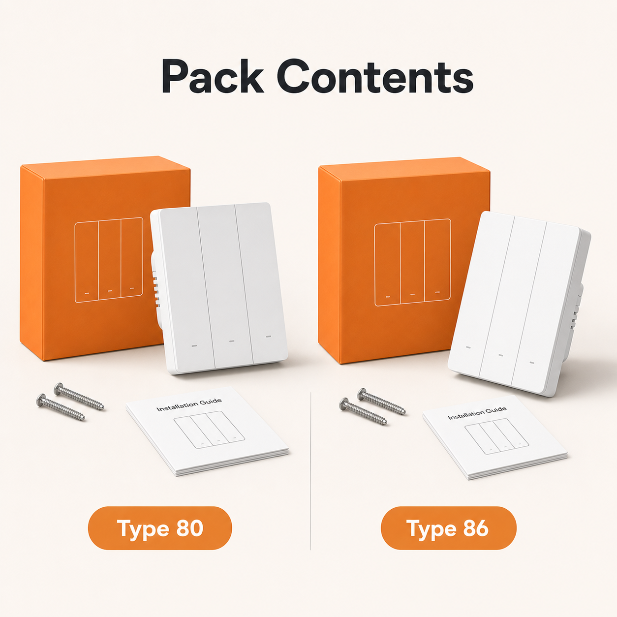 Pack contents for NéoSwitch ZBM5 Pro Zigbee wall switch with Type 80 and Type 86 formats