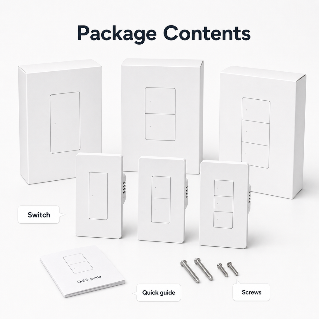 Package contents with ZBM5 Pro switch variants, quick guide and screws
