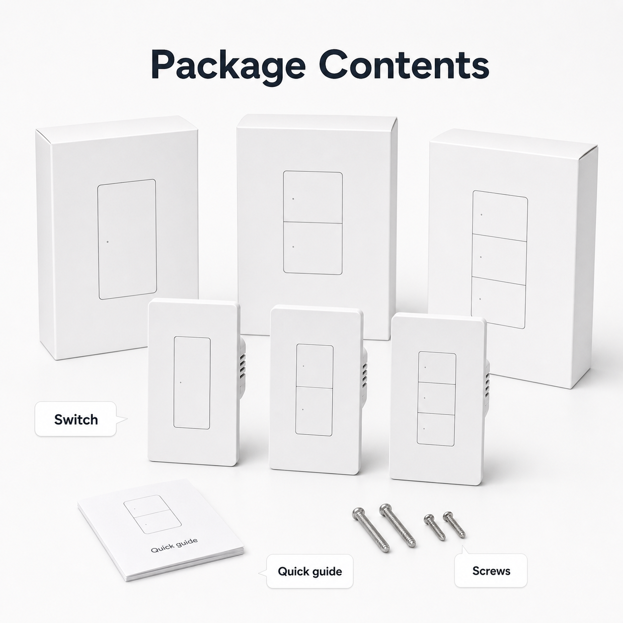 Package contents with ZBM5 Pro switch variants, quick guide and screws