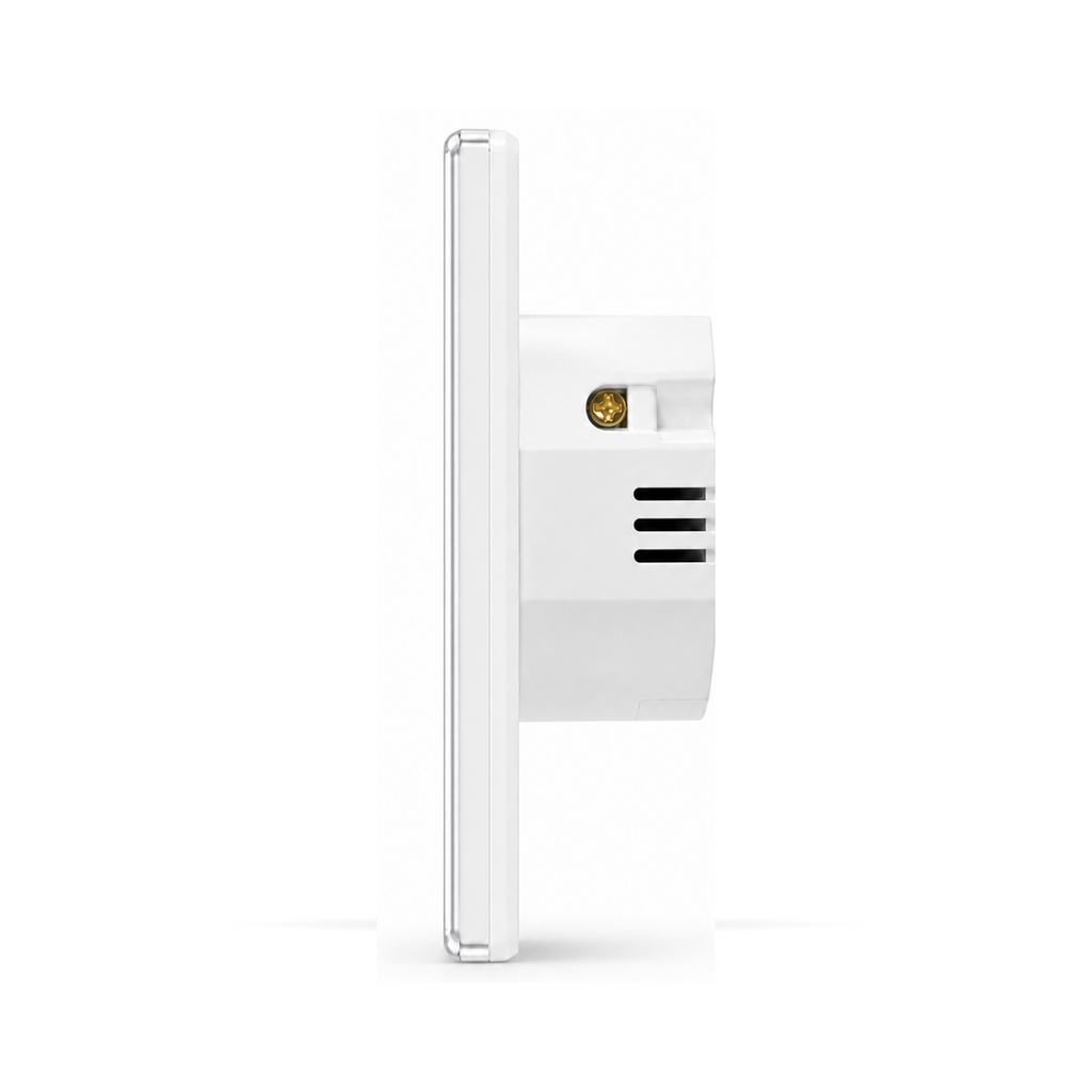 Profil latéral de l'interrupteur mural Zigbee NéoSwitch ZBM5 Pro blanc avec profondeur du module arrière visible.