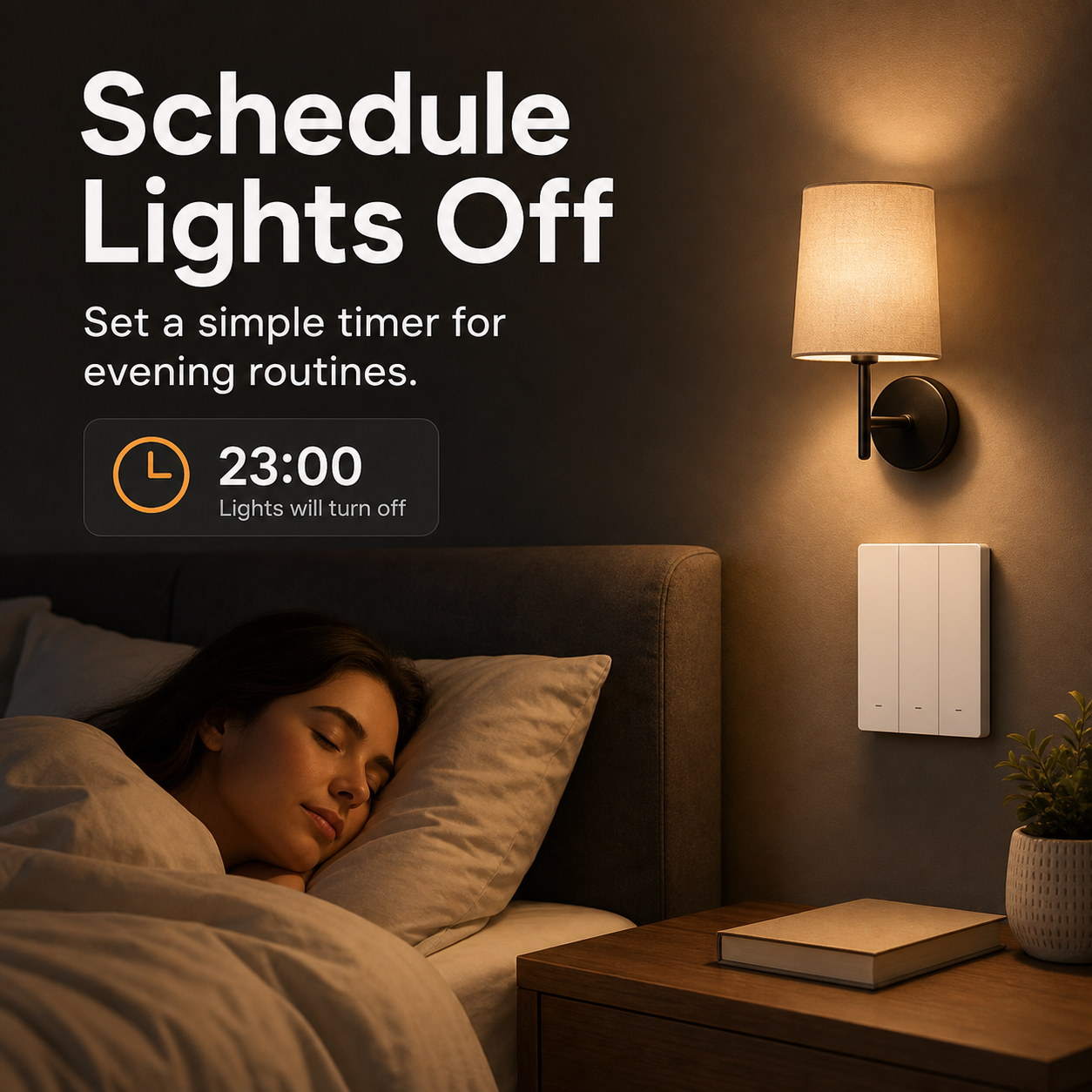 Schedule lights off feature image for NéoSwitch ZBM5 Pro Zigbee wall switch in a bedroom