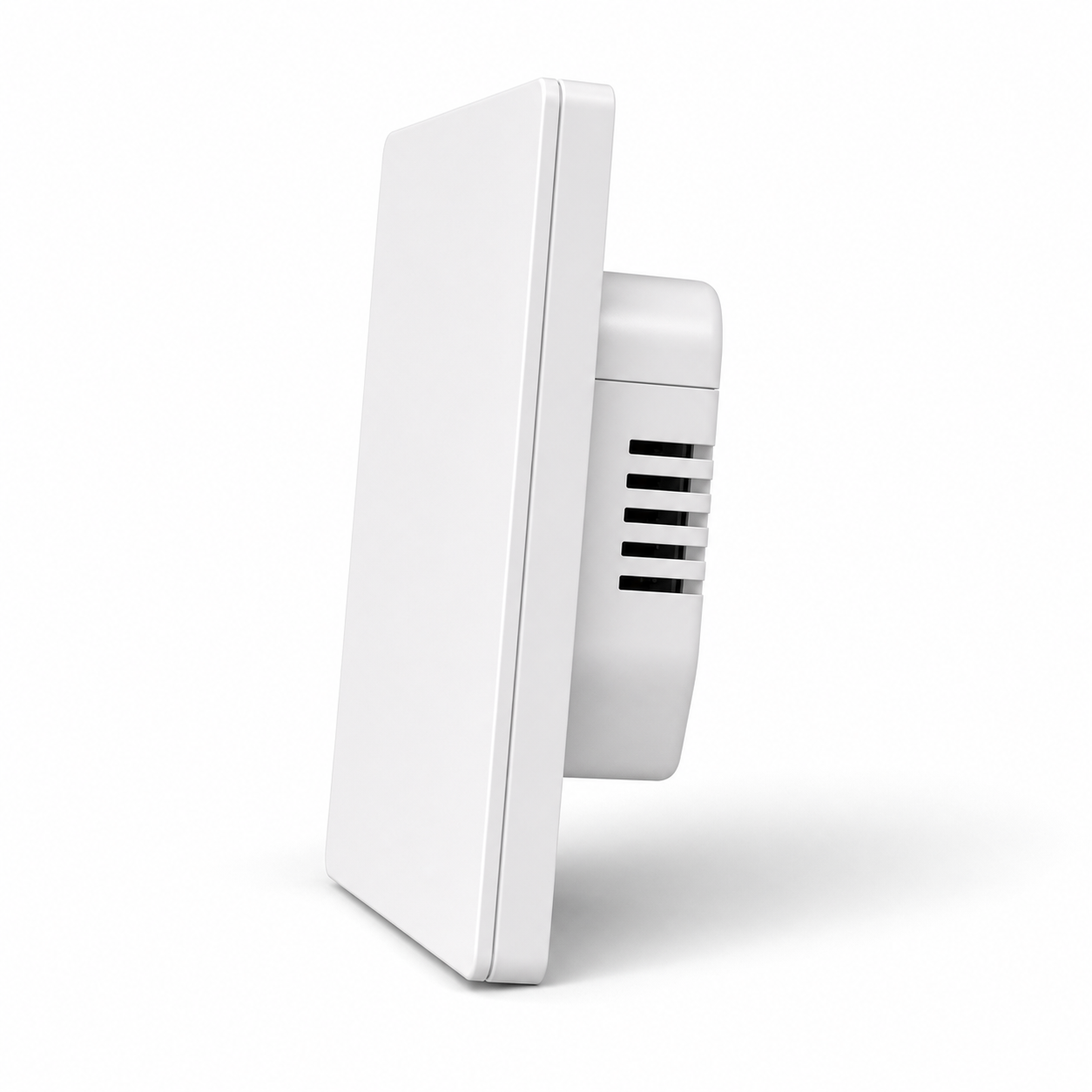 Studio side profile of NéoSwitch ZBM5 Pro Zigbee wall switch showing slim front plate and rear module