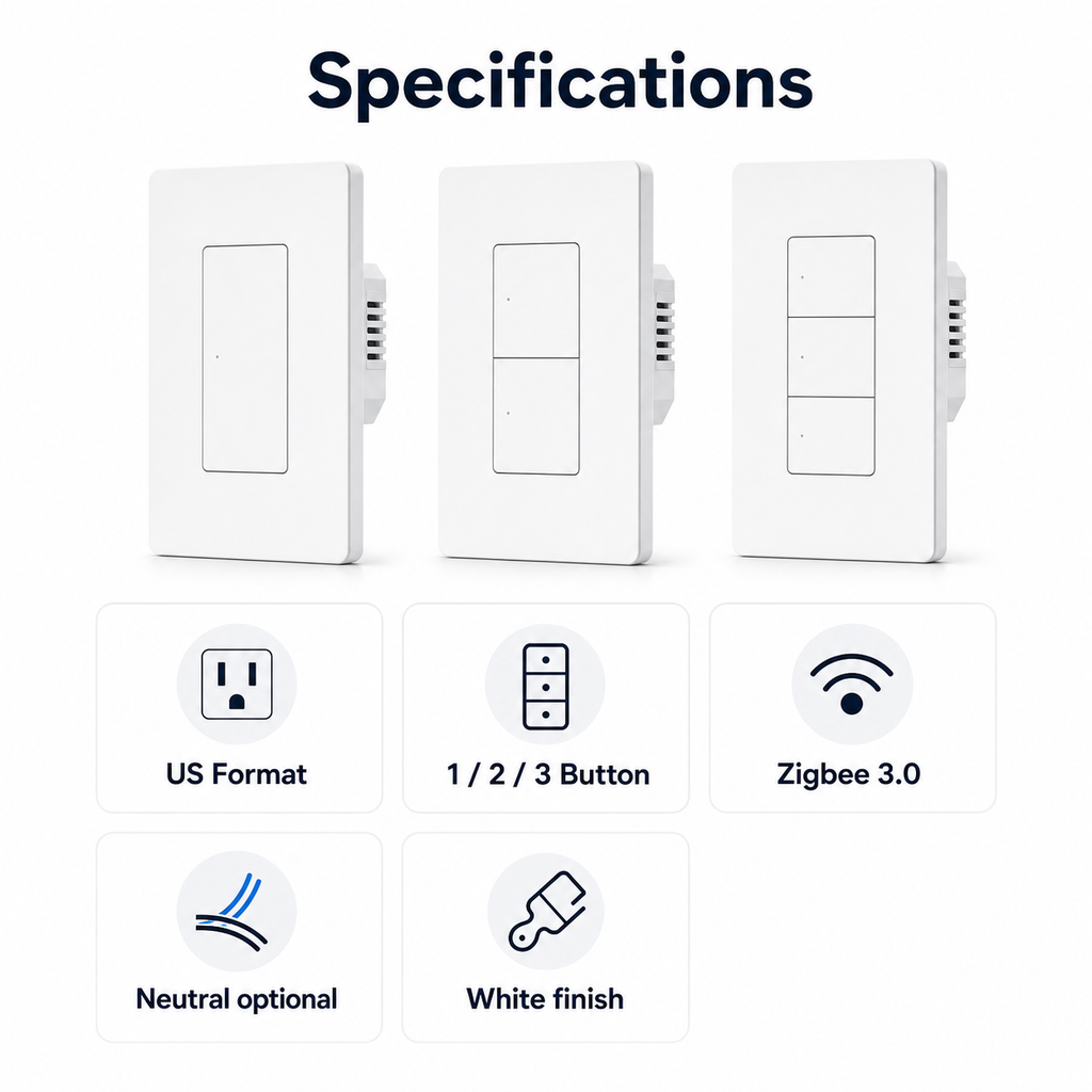 Specifications overview for ZBM5 Pro US-format Zigbee wall switch variants