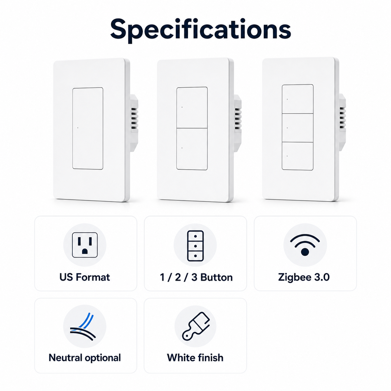 Specifications overview for ZBM5 Pro US-format Zigbee wall switch variants
