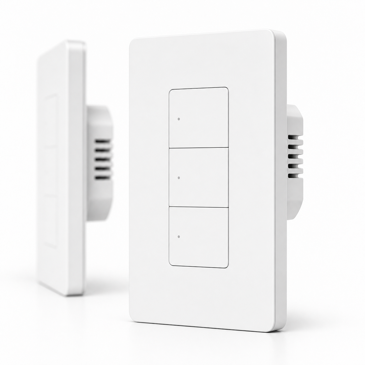 Studio angle packshot of white ZBM5 Pro three-button US-format smart wall switch