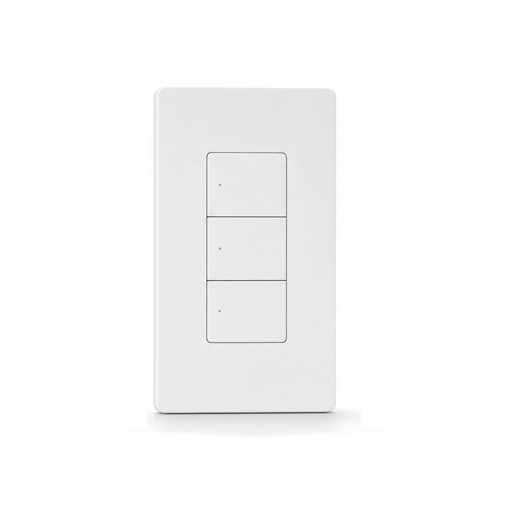 Interrupteur mural Zigbee NéoSwitch ZBM5 Pro blanc trois canaux au format US sur fond studio blanc.