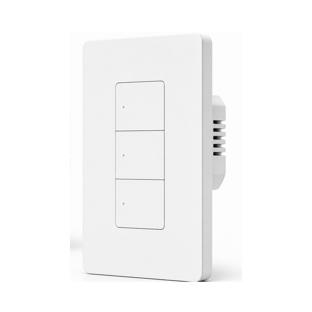 Vue en angle de l'interrupteur mural Zigbee NéoSwitch ZBM5 Pro blanc trois canaux avec module arrière visible.