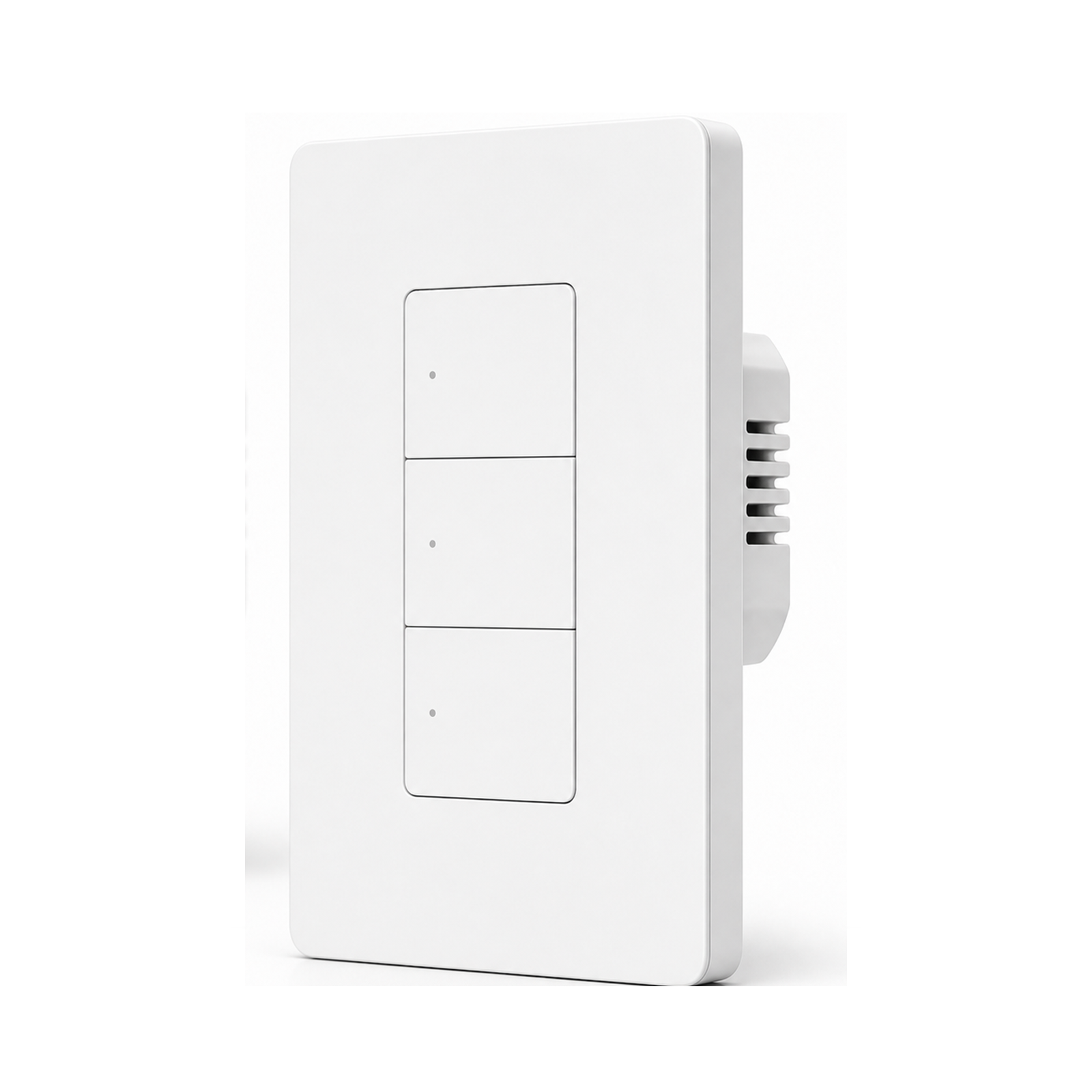 Vue en angle de l'interrupteur mural Zigbee NéoSwitch ZBM5 Pro blanc trois canaux avec module arrière visible.