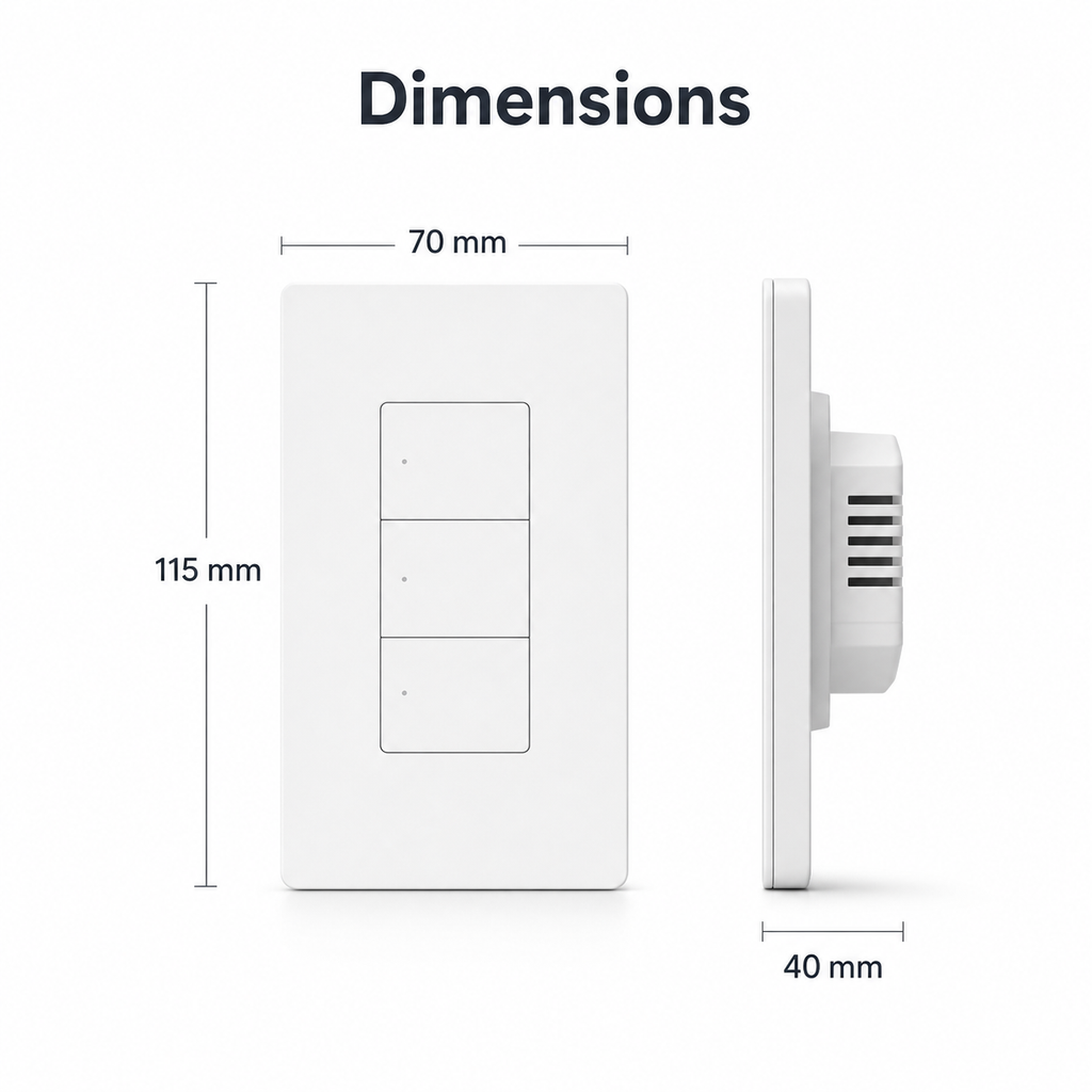 Dimension diagram of ZBM5 Pro US-format smart wall switch showing 70 mm, 115 mm and 40 mm