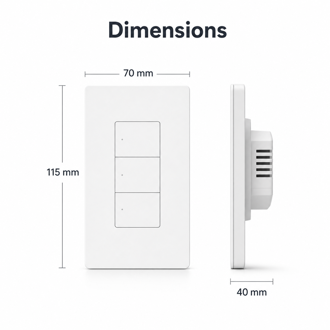 Dimension diagram of ZBM5 Pro US-format smart wall switch showing 70 mm, 115 mm and 40 mm