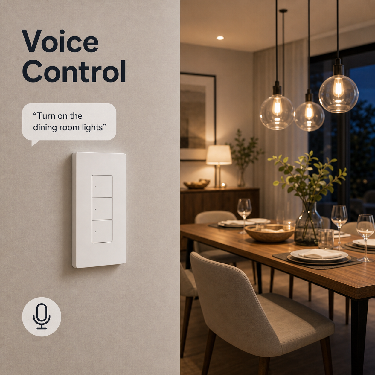 Voice control lifestyle scene with white ZBM5 Pro wall switch in a dining room