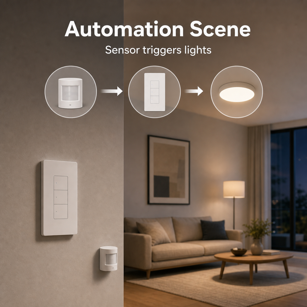 Zigbee automation scene with ZBM5 Pro wall switch, sensor and light