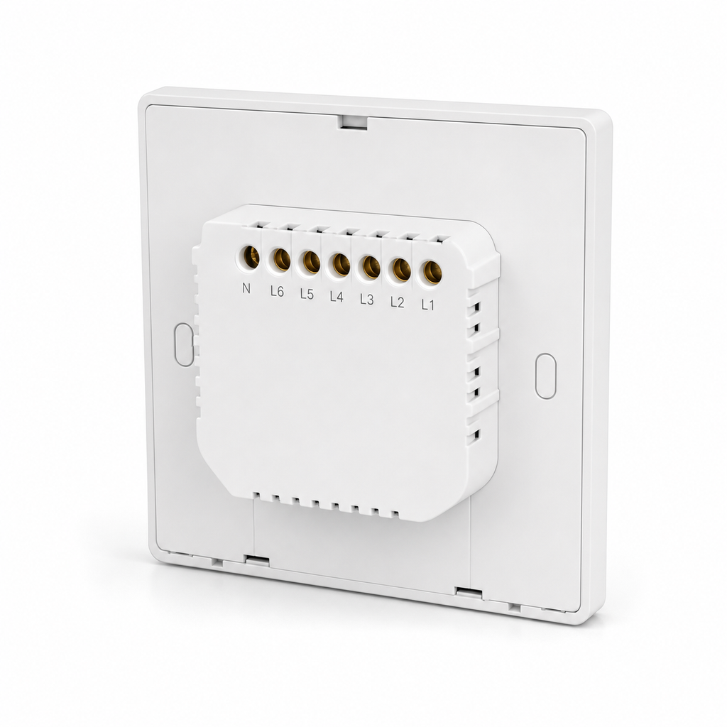 NéoTab Comfort 6-gang white Zigbee wall switch rear terminal view