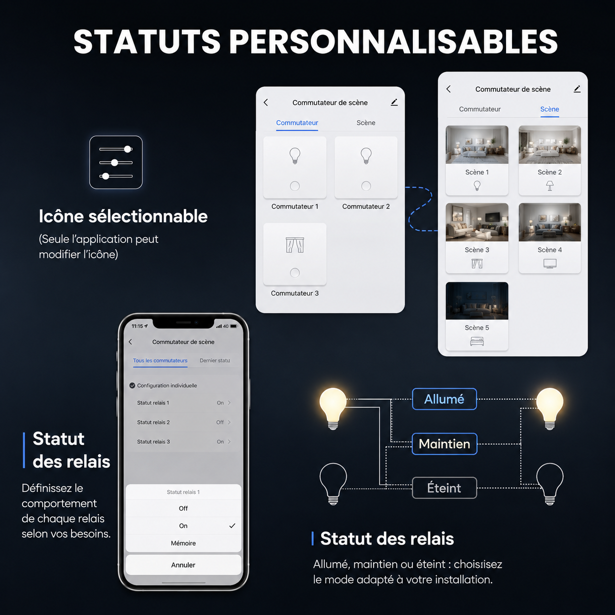 NéoTab Comfort, statuts personnalisables Zigbee avec icônes sélectionnables et relais allumé maintien ou éteint