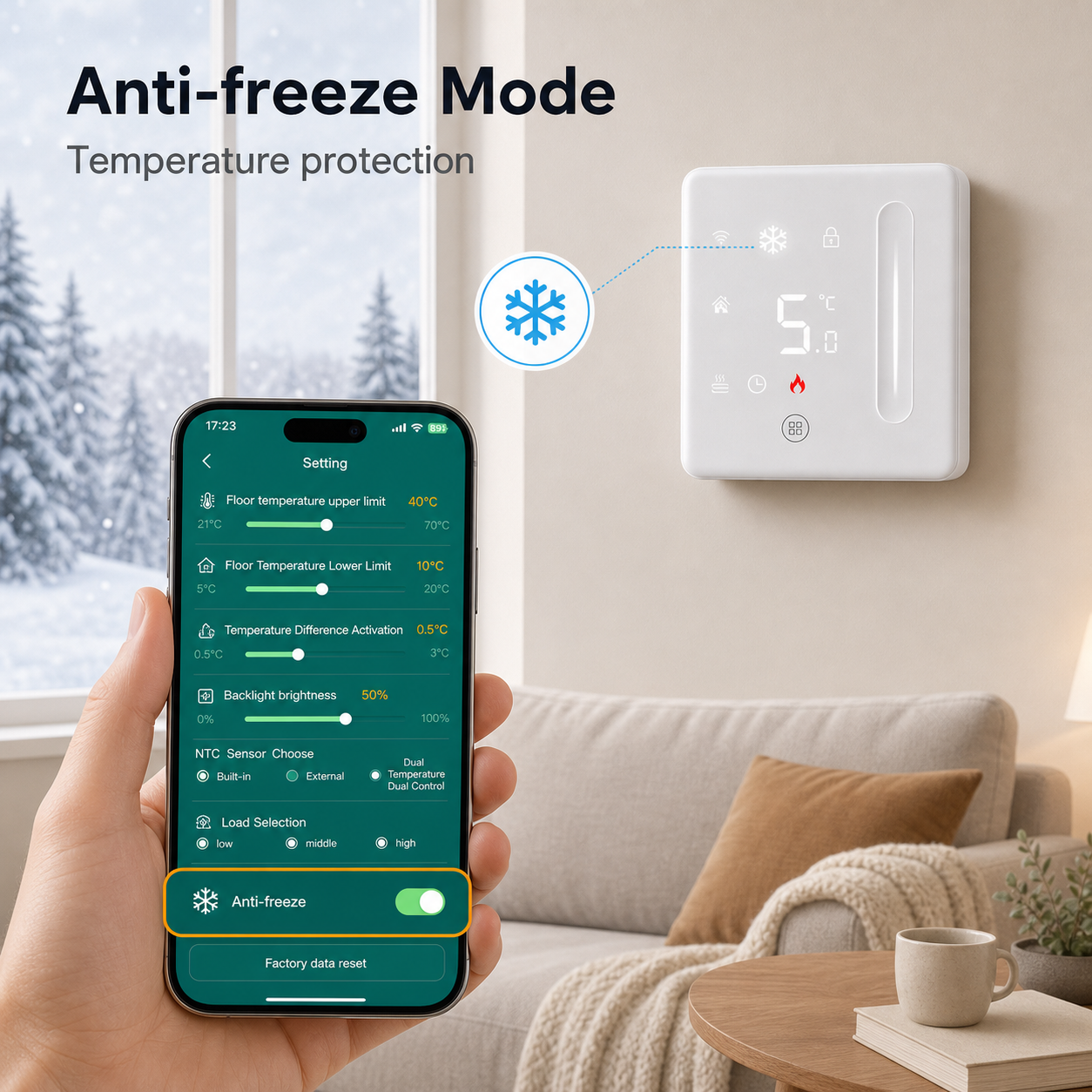 Anti-freeze mode screen for Wi-Fi thermostat