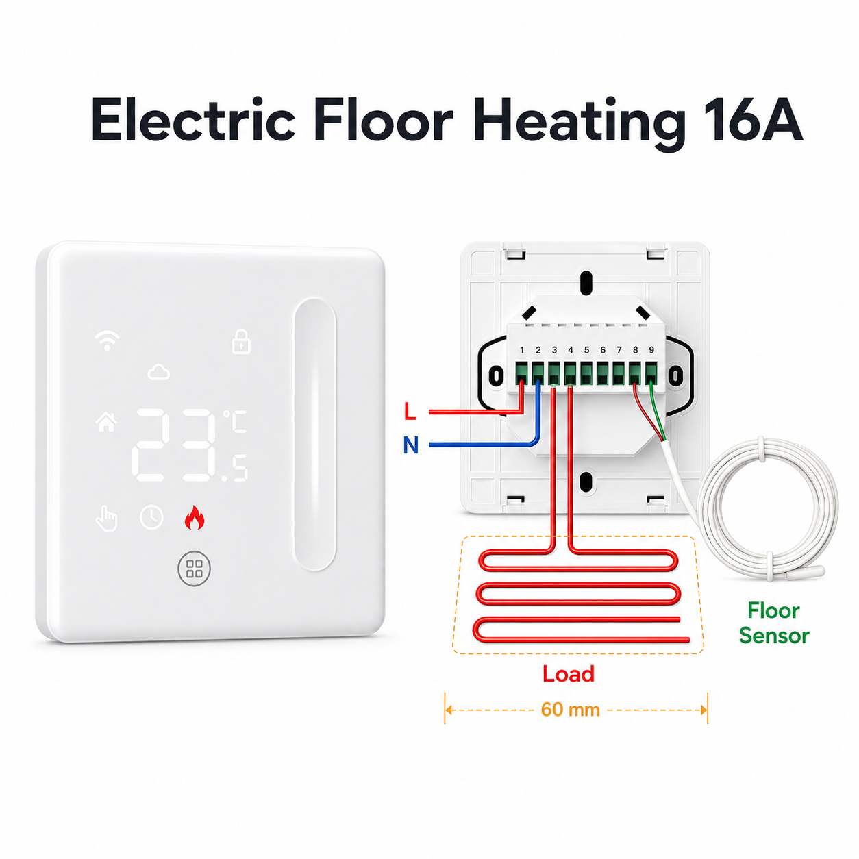 Electric floor heating 16A thermostat variant with wiring
