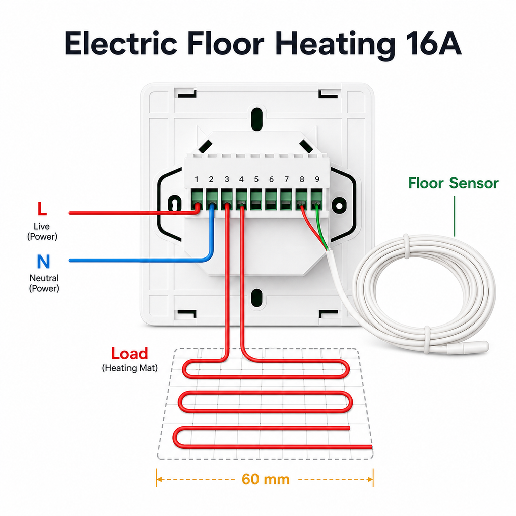Electric floor heating wiring diagram for 16A thermostat variant