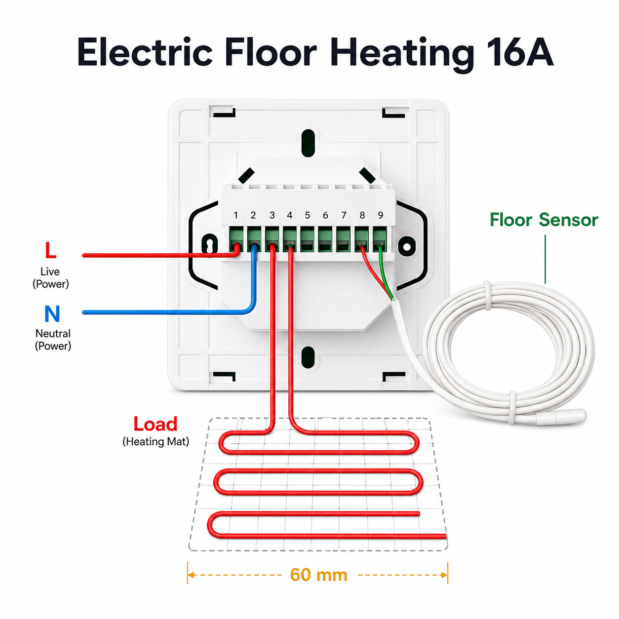 Electric floor heating wiring diagram for 16A thermostat variant
