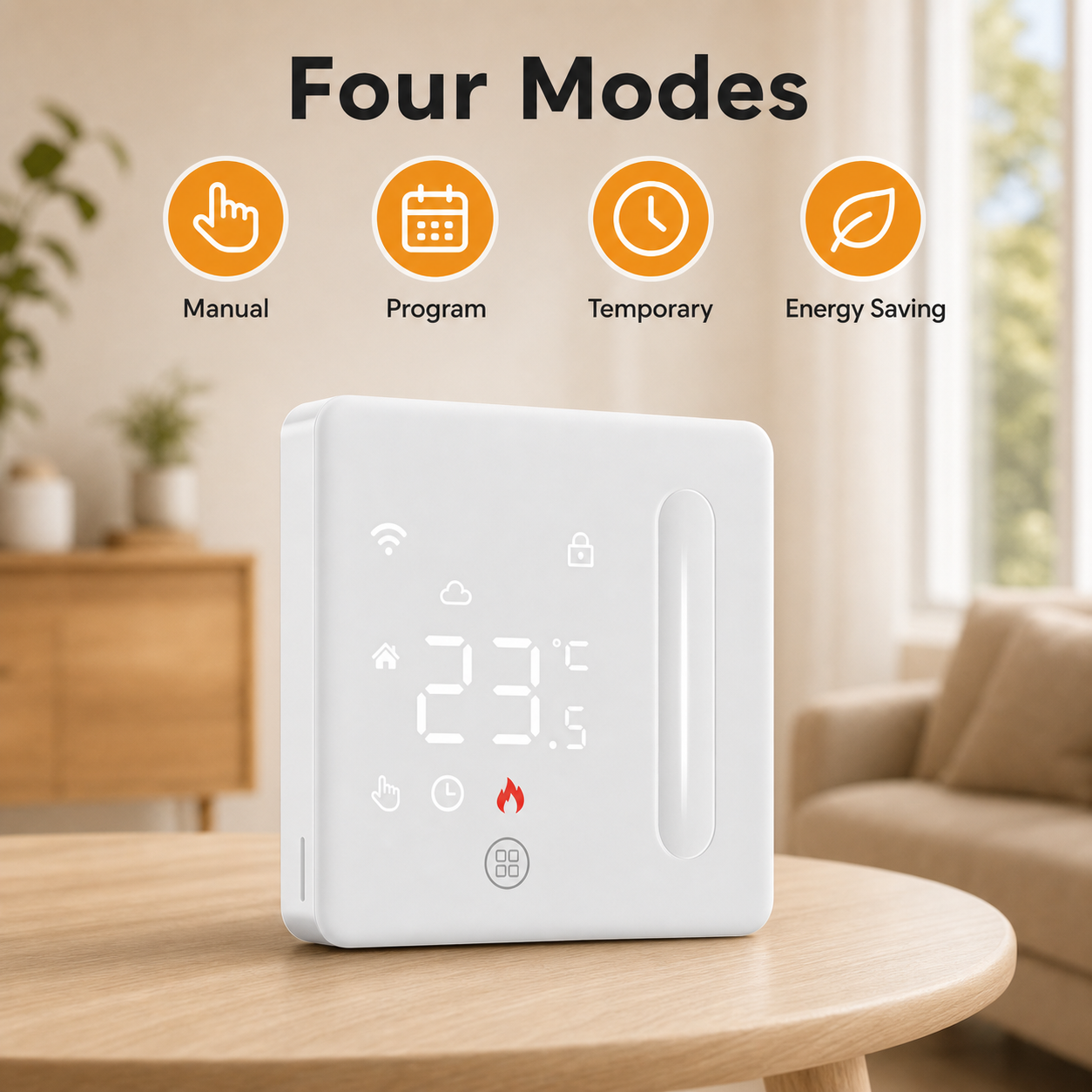 Four operating modes shown on Wi-Fi floor thermostat