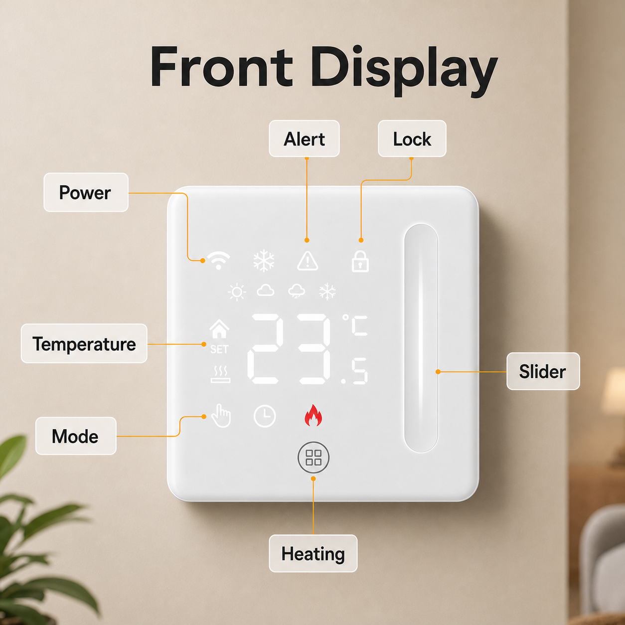 Front display guide for Wi-Fi floor thermostat