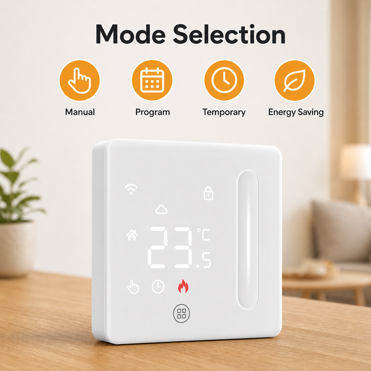 Mode selection overview for Wi-Fi thermostat