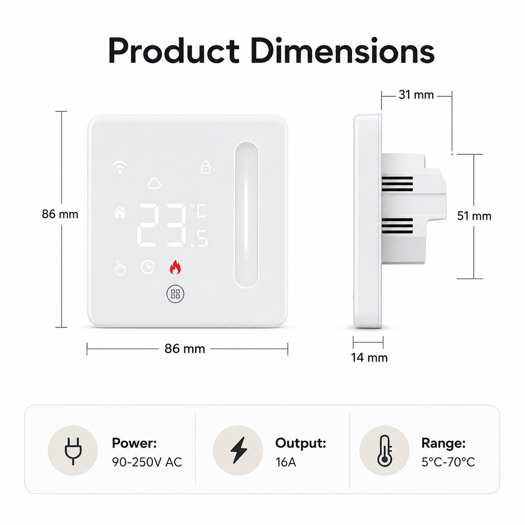 Product dimensions and key specifications for Wi-Fi thermostat