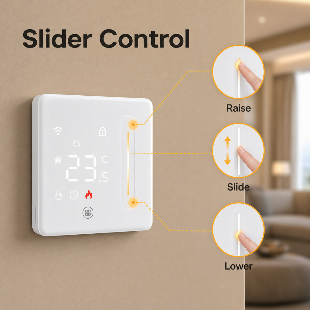 Side slider control diagram for Wi-Fi floor thermostat