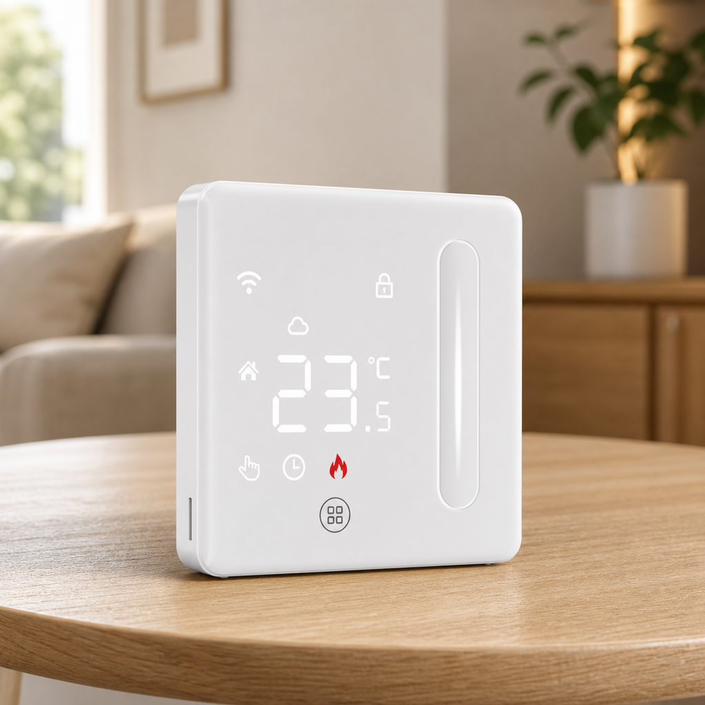 White Wi-Fi thermostat in warm home interior