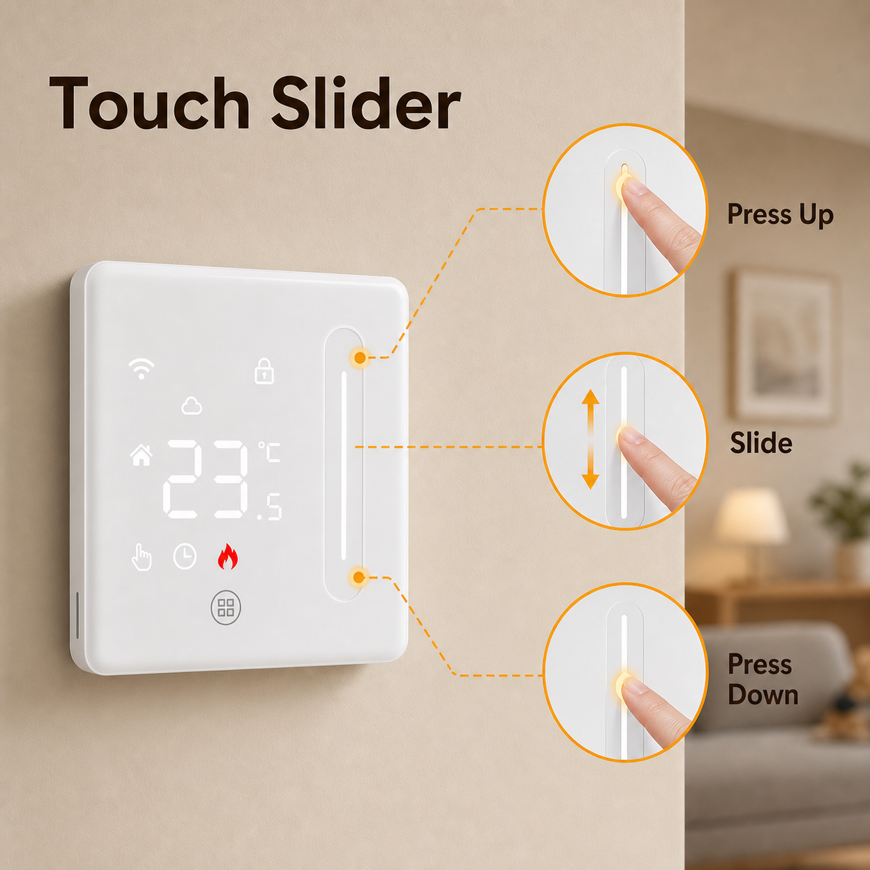 Touch slider detail for Wi-Fi floor thermostat