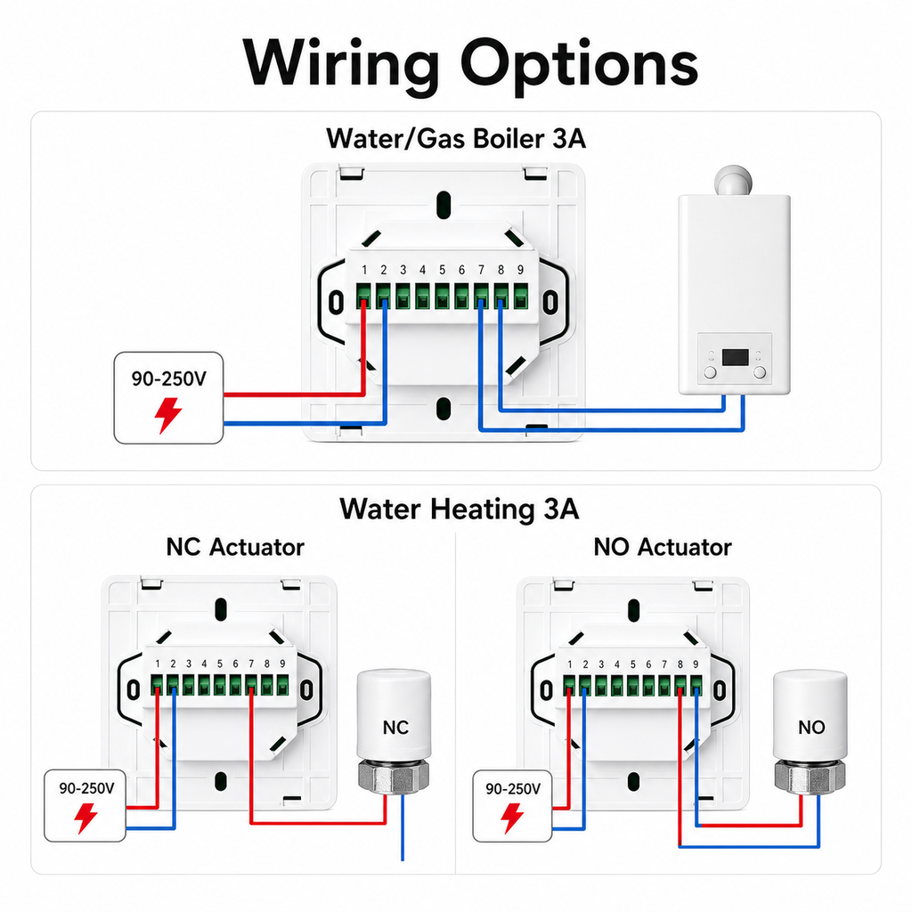 Wiring options for water heating and water/gas boiler thermostat variants